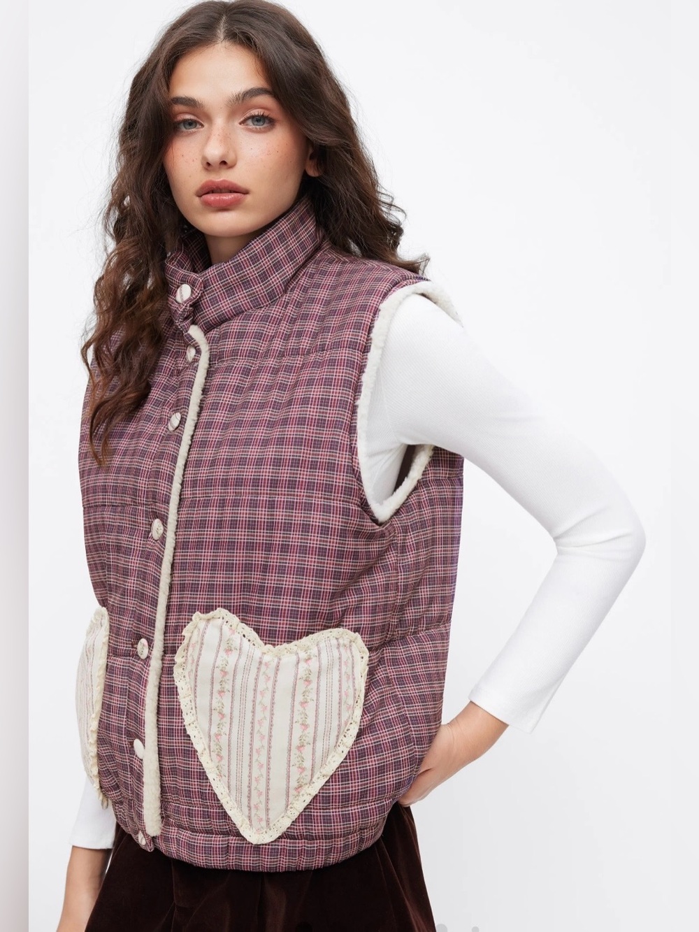 NWT - Cider Plaid Fleece Vest w Contrasting Heart Patch Pockets